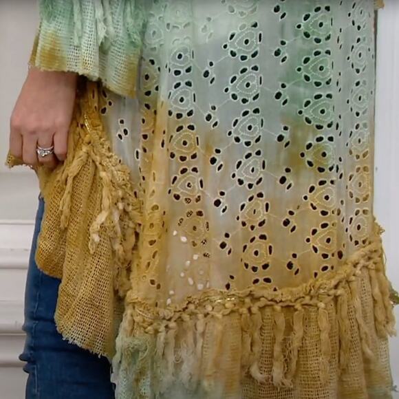TOLANI Oprah Tie-Die Eyelet Bell Sleeve Wrap Kimono Cover-Up Mint Gold {F12} - Picture 3 of 7